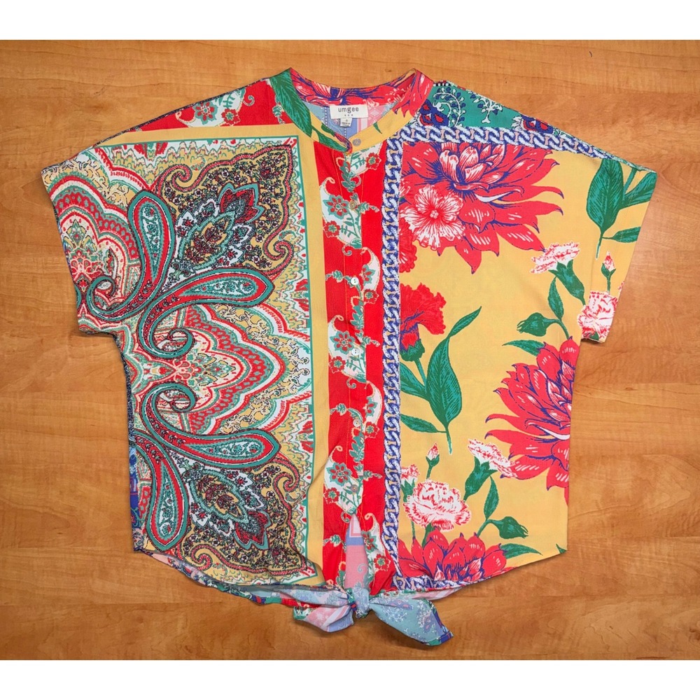 Umgee Mixed Media Paisley Floral Patchwork Tie Front Top Small